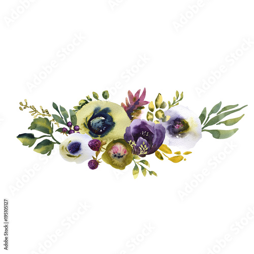 Wedding bridal bouquet. green blue and purple flowers ornament