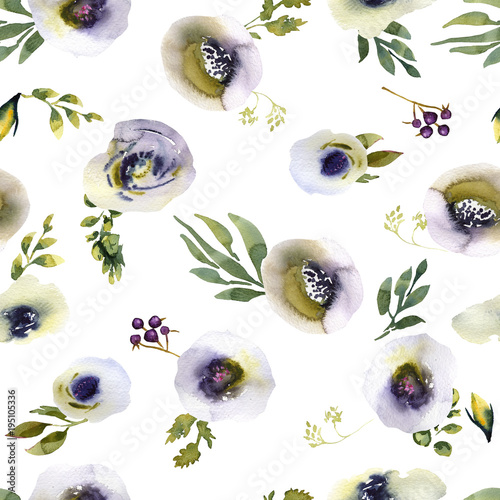 Hand drawing watercolor Wedding seamless pattern white and purple flowers ornament