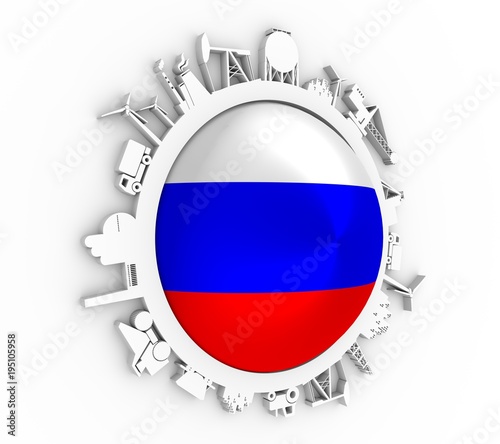 Circle with industry relative silhouettes. Objects located around the circle. Industrial design background. Flag of the Russia in the center. 3D rendering