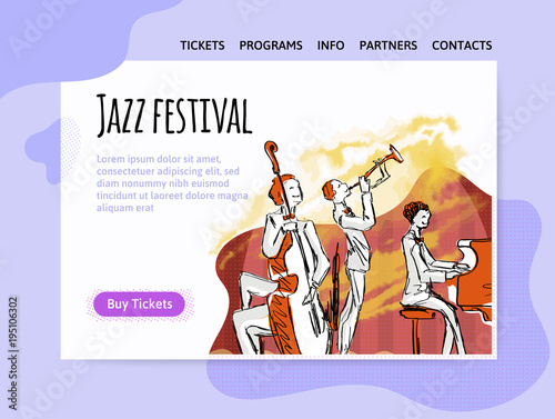 Jazz music festival, quartet in concert. Vector illutration, design template of music site header, banner or poster.