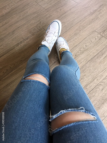 Selfie Hipster White Shoes Isolated from Top View. Woman Wearing White  Sneakers and Blue Jeans on Wooden Background Great For Any Use. Stock Photo  | Adobe Stock