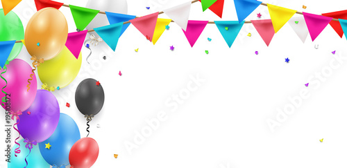 Balloons header background. Party card with colourful balloons. Balloon background.