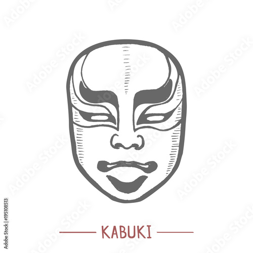 Kabuki Mask. Japanese Theatrical Symbol in Hand Drawn Style for Surface Design Fliers Prints Cards Banners. Vector Illustration