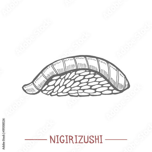 Nigirizushi. Sushi in Hand Drawn Style for Surface Design Fliers Prints Cards Banners. Vector Illustration © feirin