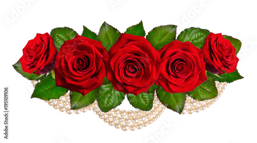 Composition with red roses and pearls.  Isolated on white background