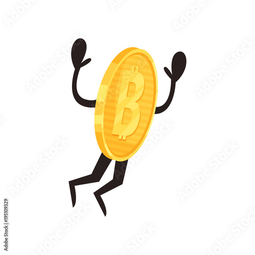 Golden coin character in action. Shiny humanized bitcoin jumping with hands up. Cryptocurrency, money and finance concept. Flat vector design for mobile app or sticker