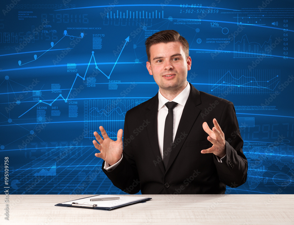 Stock data analyst in studio giving adivce on blue chart background Stock data analyst in studio giving adivce on blue chart background