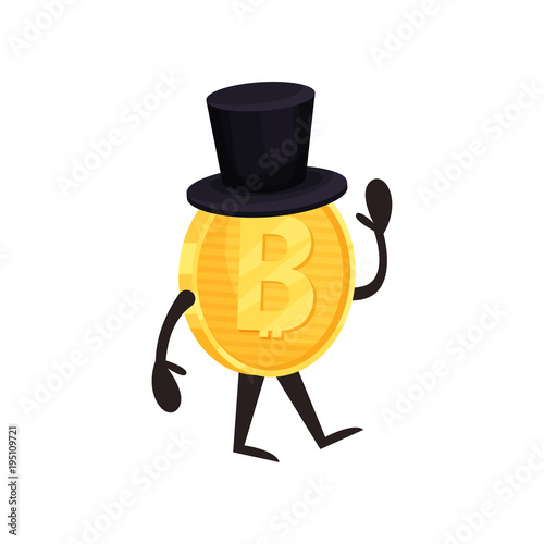 Cartoon humanized bitcoin character with black cylinder hat walking and waving hand. Shiny golden coin. Digital money and finance concept. Flat vector design