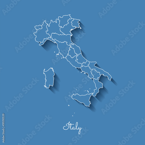 Italy region map: blue with white outline and shadow on blue background. Detailed map of Italy regions. Vector illustration.