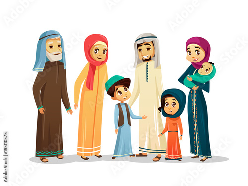 Vector cartoon arab family characters set. Happy saudi, emirates muslim senior man, woman, parents, father and mother holding infant baby, teen boy, girl children. People in national clothing, hijab