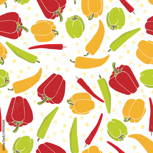Fototapeta Naklejka Na Ścianę i Meble -  Seamless pattern background with vegetables. Peppers vector illustration. Diet food.
