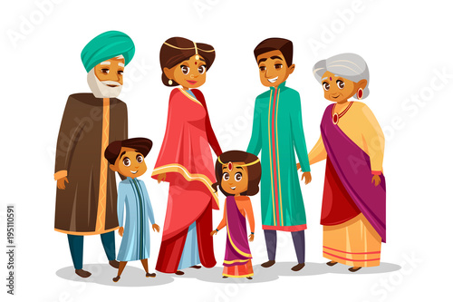 Vector cartoon Indian family characters set. Happy hindu senior man, woman, parents, father and mother, teen boy, girl children holding hands. People in national clothing sari, headdress turban