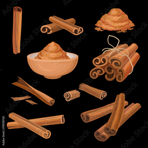Vector set of cinnamon sticks and powder. Aromatic condiment. Spicy seasoning for dishes, sweets and drinks. Culinary theme. Cooking and aromatherapy ingredient