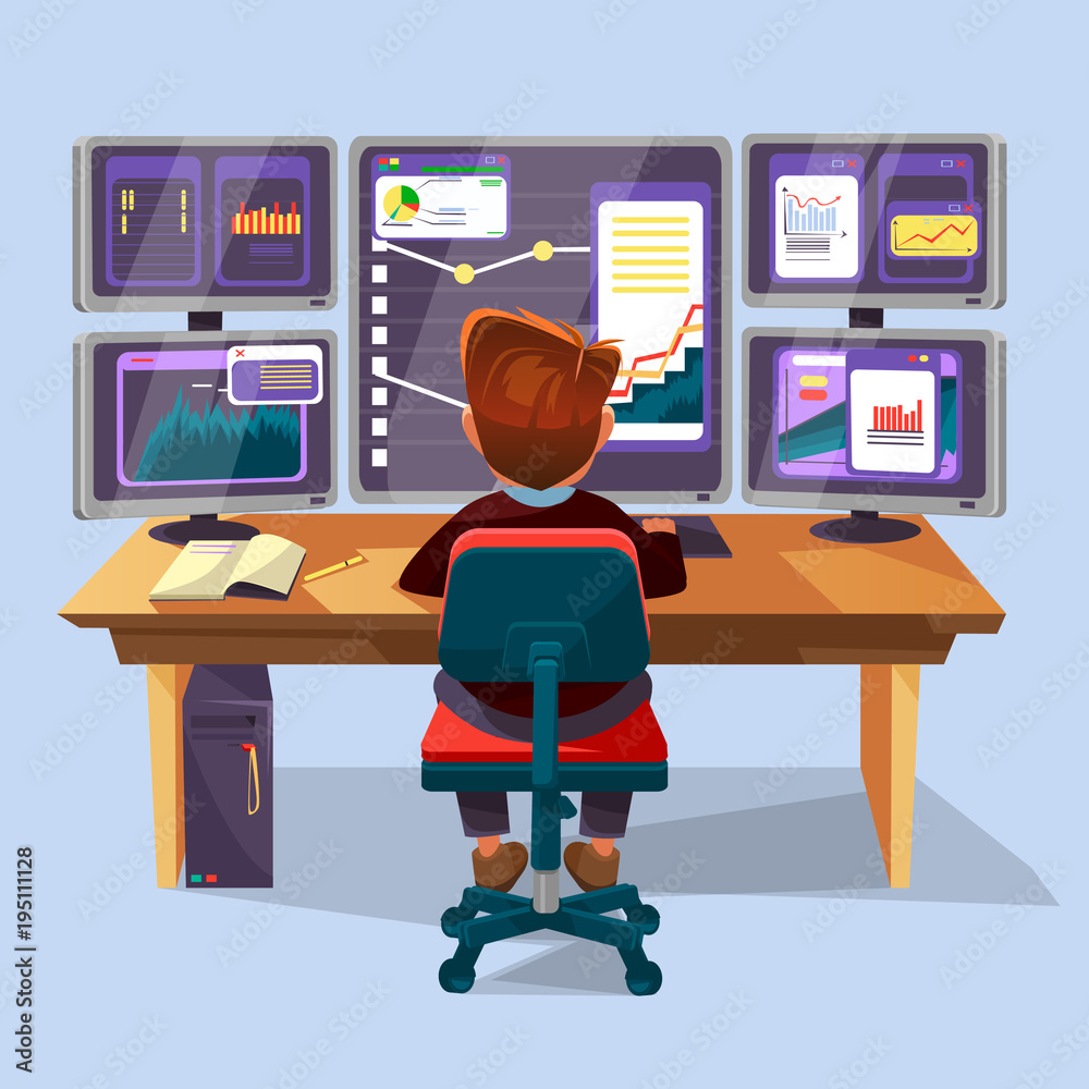 Vector cartoon male trader, financial, data analyst character sitting  monitoring graph diagram chart monitors office workplace monitor. Business  man, stock currency exchange market research concept Stock Vector | Adobe  Stock