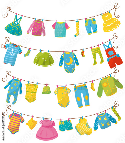 Flat vector set of kids clothes on rope. Apparel for newborn boy or girl. Bodysuit, skirt, t-shirt, sweater, pants, baby romper, cap, sock, dress. Children s garment