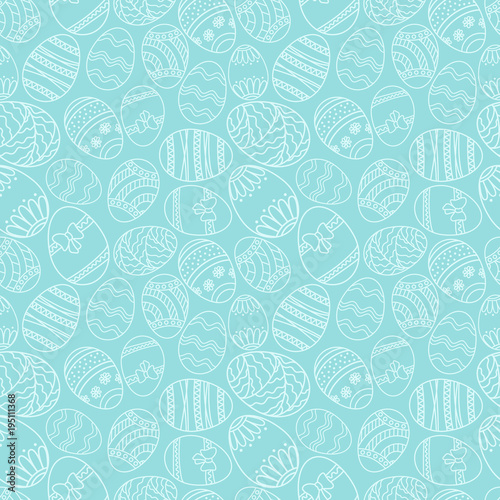 Vector seamless simple pattern with ornamental eggs. Easter holiday green background for printing on fabric, paper for scrapbooking.