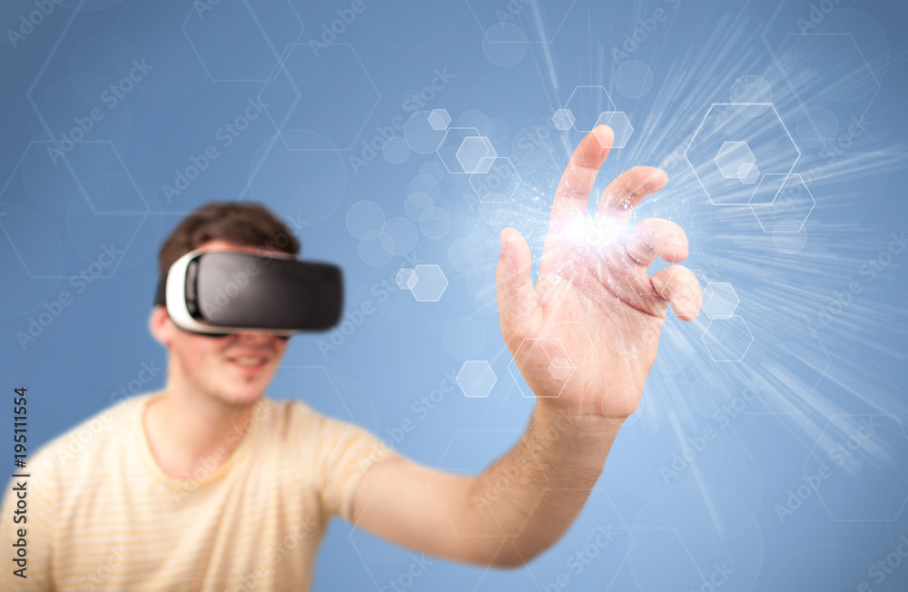 Man wearing virtual reality goggles Man wearing virtual reality goggles