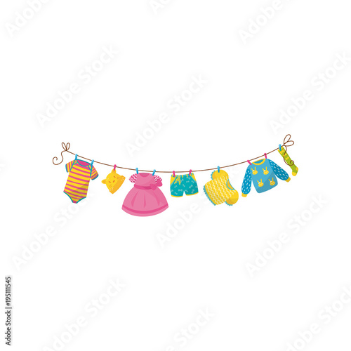 Baby clothes hanging on rope. Striped bodysuit, little cap with ears, pink dress, shorts, blouse, warm pullover and sock. Stylish garment for toddler girl. Flat vector