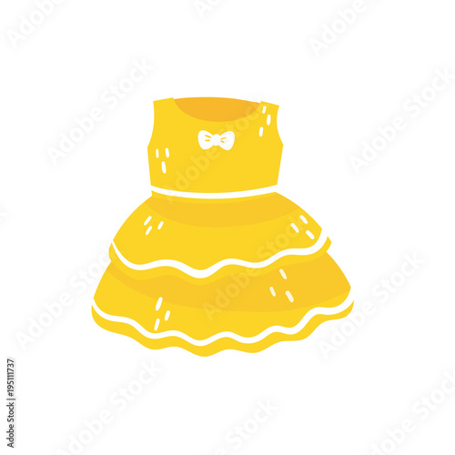 Yellow fluffy dress with little bow. Cute clothing for toddler girl. Stylish children s. Baby fashion. Adorable apparel for newborn kid. Cartoon flat vector illustration isolated on white background.