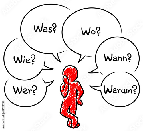 Rotes Männchen mit sechs Sprechblasen: Wer? Wie? Was? Wo? Wann? Warum? / Schraffierte Vektor-Zeichnung