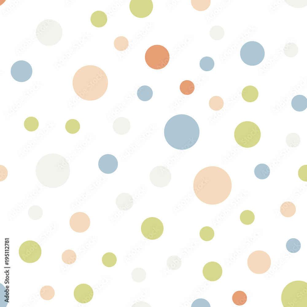 Colorful polka dots seamless pattern on white 11 background. Graceful classic colorful polka dots textile pattern. Seamless scattered confetti fall chaotic decor. Abstract vector illustration.