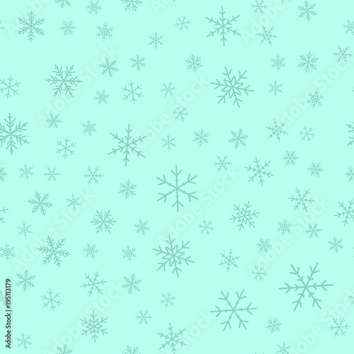 Blue snowflakes seamless pattern on turquoise Christmas background. Chaotic scattered blue snowflakes. Great Christmas creative pattern. Vector illustration.