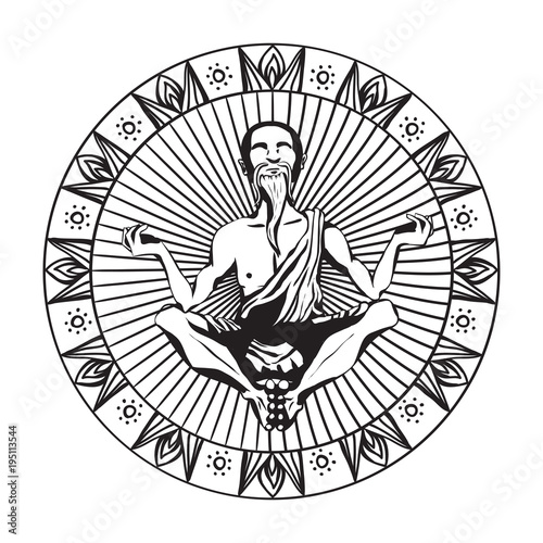 Elderly monk meditation, coloring book element