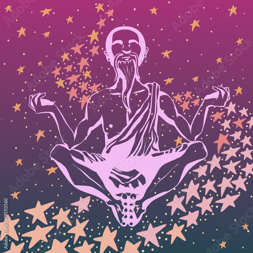 Elderly monk meditation in outer space