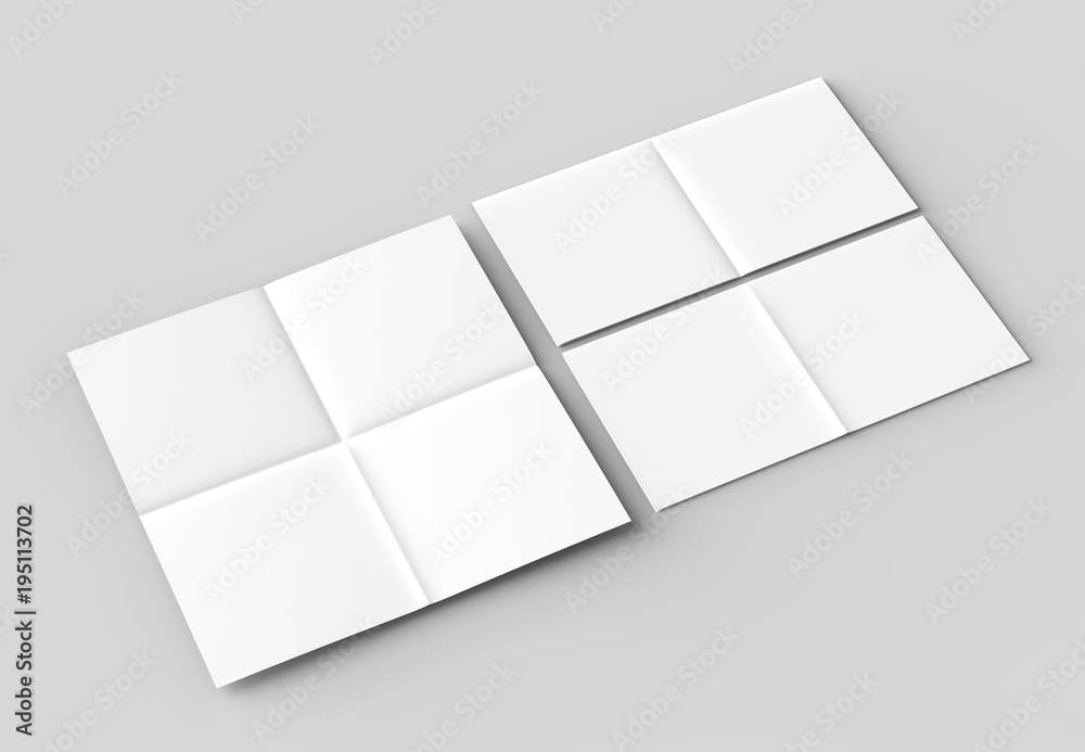 8 page leaflet - French fold square brochure mock up isolated on soft gray background. 3D illustrating.