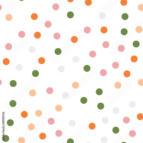 Colorful polka dots seamless pattern on white 14 background. Mesmeric classic colorful polka dots textile pattern. Seamless scattered confetti fall chaotic decor. Abstract vector illustration.