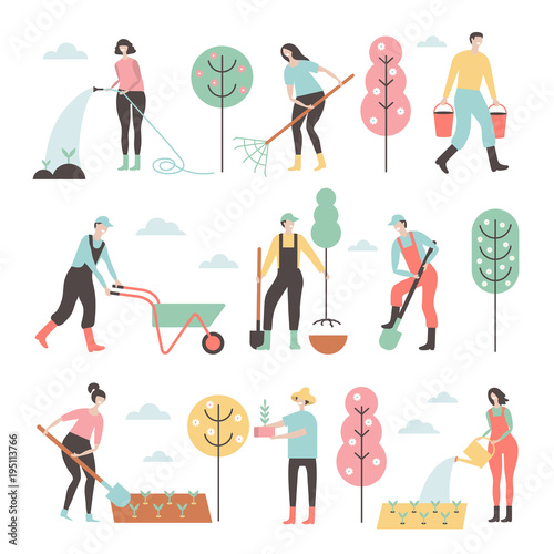People working in garden design elements and icons in flat style.