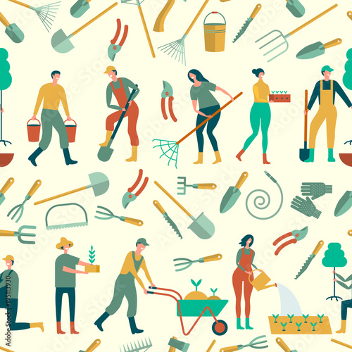 seamless background with people engaged in gardening