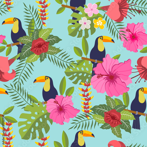 set of tropical flowers of leaves and birds