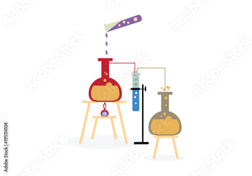 Its a chemistry experiment pouring the acid test tube to flask, flask to another test tube to another flask test tube has attached to stand both flasks are on stools