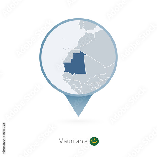 Map pin with detailed map of Mauritania and neighboring countries.