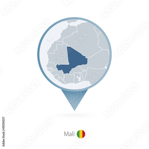 Map pin with detailed map of Mali and neighboring countries.