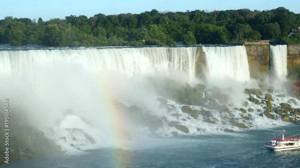 Niagara Falls, on the border of United States and Canada. View of American Falls, one of the three waterfalls collectively known as Niagara Falls. Niagara Falls, on the border of United States and Canada. View of American Falls, one of the three waterfalls collectively known as Niagara Falls.