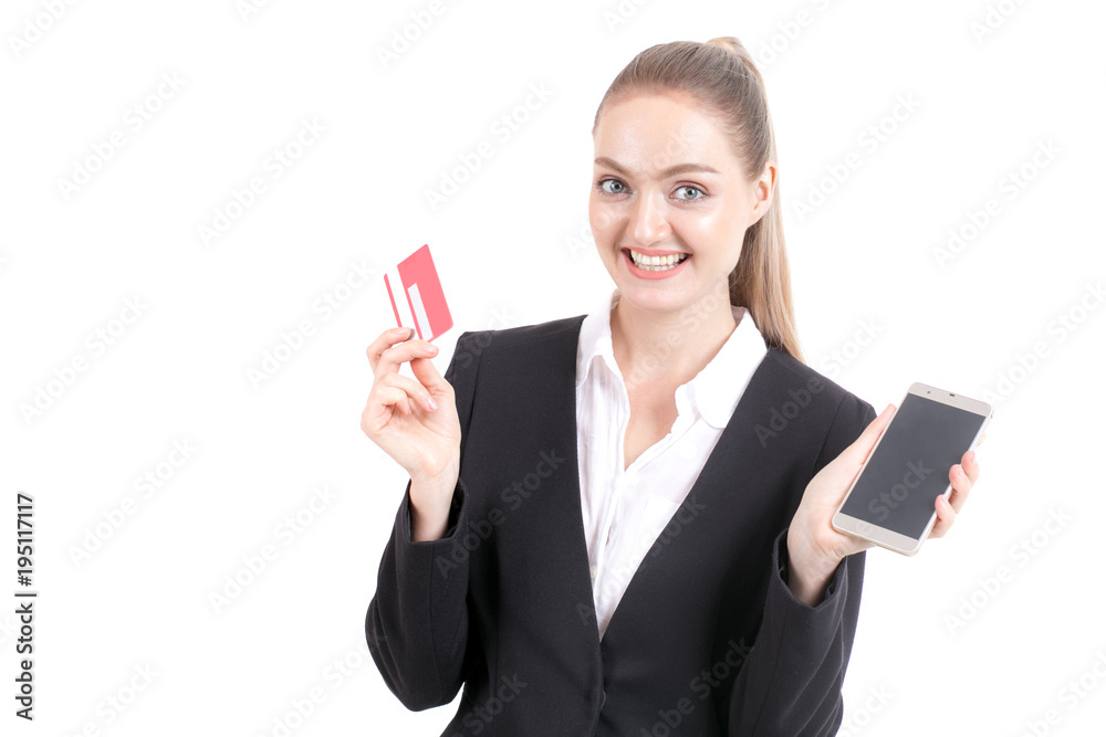 Woman holding credit card and smartphone with happy emotion isolated on white background. Woman holding credit card and smartphone with happy emotion isolated on white background.