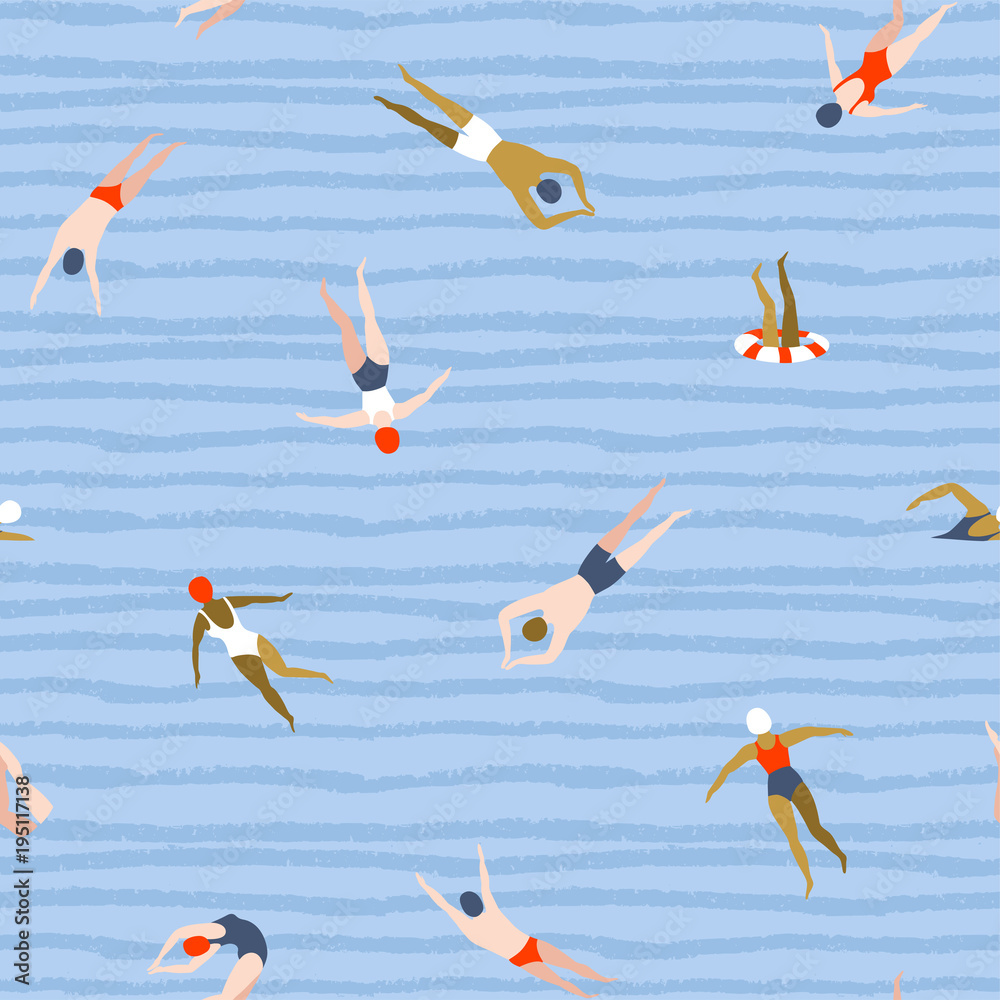 People swimming pattern. Summer seamless background. Summertime vector ...