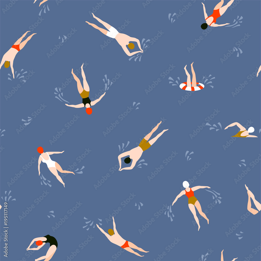 Naklejka premium People swimming pattern. Summer seamless background. Summertime vector illustration with swimmers drawing in flat design.