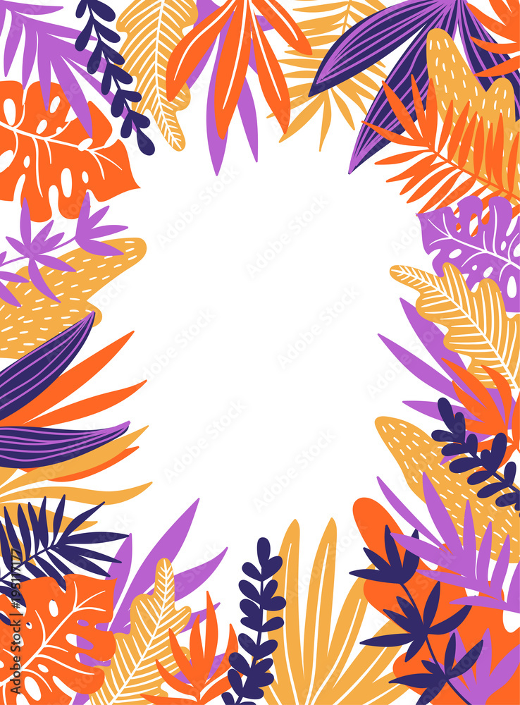 Fototapeta premium Tropical leaves. Vector frame in scandinavian style. Hand drawn background. Poster in orange and violet colors with place for text.