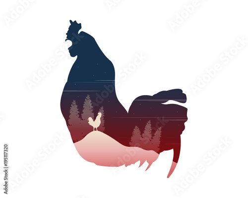 Silhouette of inseide chicken on the hill landscape photo