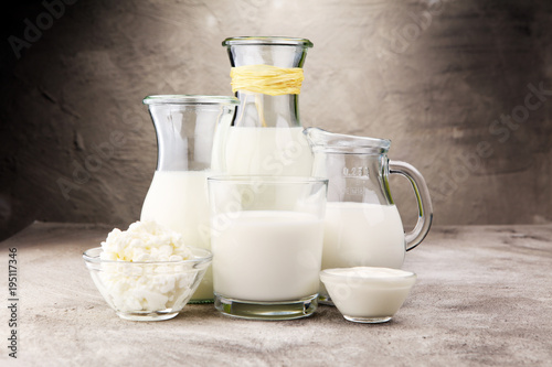 milk products. tasty healthy dairy products on a table on