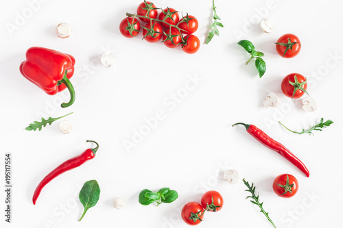 Fototapeta Naklejka Na Ścianę i Meble -  Vegetables on white background. Frame made of fresh red vegetables. Tomatoes, peppers. Flat lay, top view, copy space