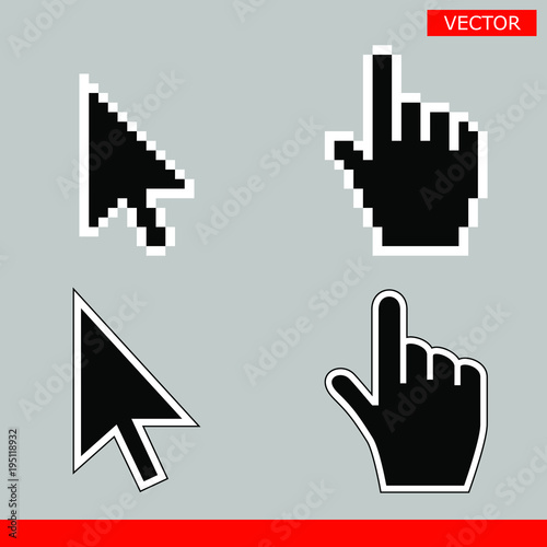 Black arrow and pointer hand cursor icon set. Pixel and modern version of cursors signs. Symbols of direction and touch the links and press the buttons. Isolated on gray background vector illustration