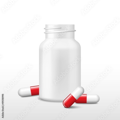 Opened white medicine box or bottle and few red pills. Vector realistic tablets, capsules, drug of painkillers, antibiotics, vitamins. Health care medical.