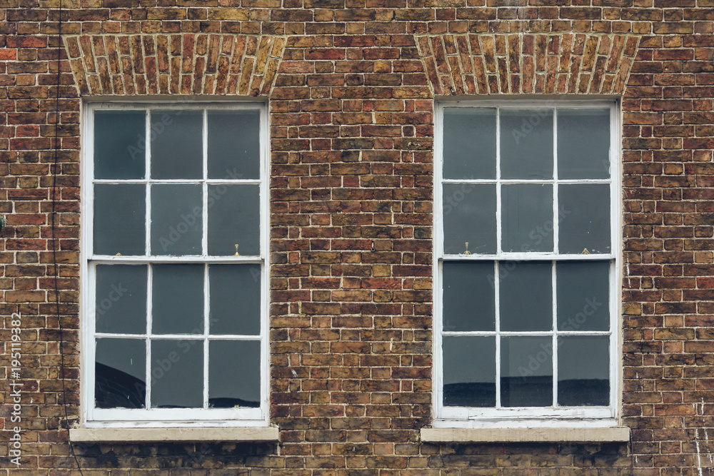 Two Sash Windows in Brick Wall, Split Toning Shallow Depth of Field Architecture Details