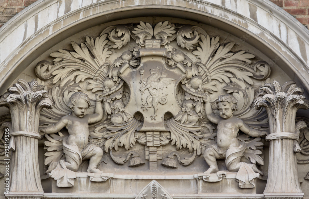 Close up of Bas-relief of Taunton County Hall, Shallow Depth of Field Horizontal Photography, Sculpture above main door