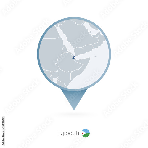 Map pin with detailed map of Djibouti and neighboring countries.