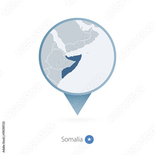 Map pin with detailed map of Somalia and neighboring countries.